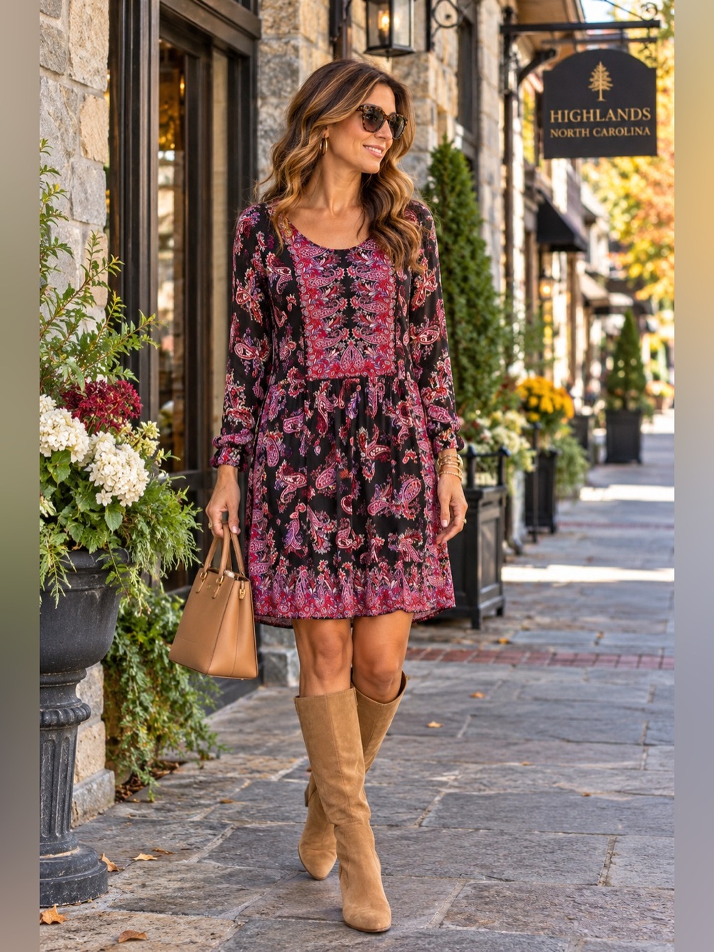 J. Jill Wearever Paisley Tunic Dress Long Sleeve Empire Waist Pink Black M
